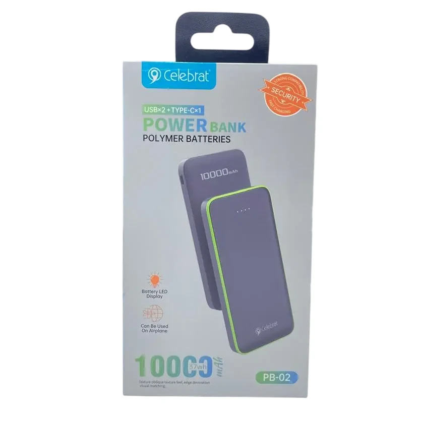 CELEBRAT POWER BANK POLYMER BATTERIES USBx2+TYPE-Cx1 37wh 10000mAh PB-02